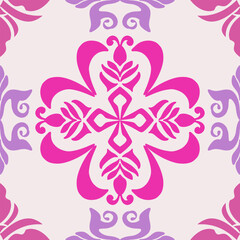 Seamless ethnic pattern with abstract pink flower in bright background for textile, tile, carpet