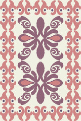 Ikat floral pattern with ethnic damask border embroidery design, for fabric, clothing, textile decor, rug