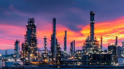 Obraz premium Oil refinery at dusk with glowing lights, complex piping, and tall towers against a colorful sky. Concept:Energy production, industrial infrastructure, oil and gas industry, petrochemical processing,