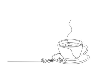 A cup of hot coffee in single outline illustration. Continuous line art drawing of cup cofffee.