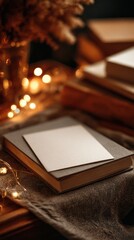 Cozy and Warm Background with Books, Blank Card, and Fairy Lights in a Rustic Setting