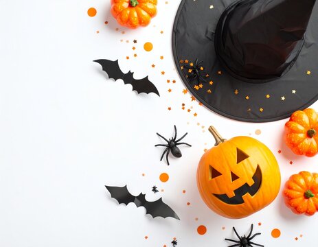 Spooky Halloween decor with pumpkins and bats.