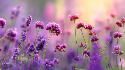 Naklejka premium Vibrant purple and pink wildflowers in soft sunlight