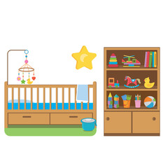 A crib and a closet with cartoon-style toys isolated on a white background