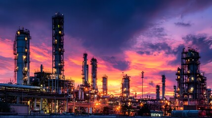 Obraz premium Oil refinery at dusk with glowing lights, complex piping, and tall towers against a colorful sky. Concept:Energy production, industrial infrastructure, oil and gas industry, petrochemical processing,