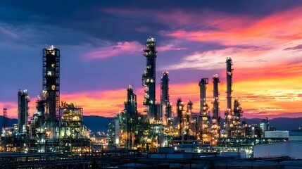 Fototapeta premium Oil refinery at dusk with glowing lights, complex piping, and tall towers against a colorful sky. Concept:Energy production, industrial infrastructure, oil and gas industry, petrochemical processing,