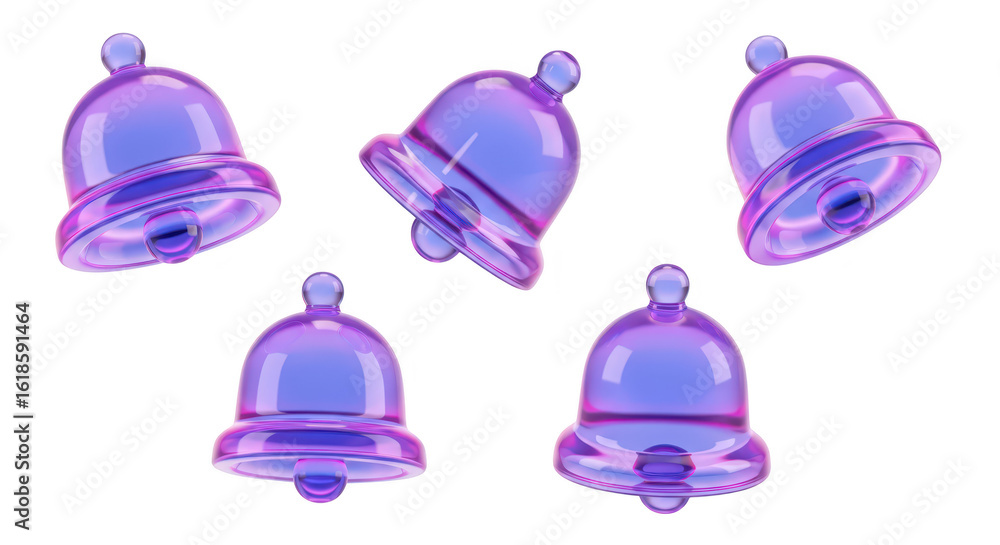 Poster five transparent purple bells isolated floating against a white background useful for notifications 