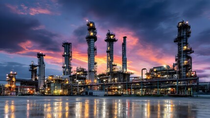 Fototapeta premium Oil refinery at dusk with glowing lights, complex piping, and tall towers against a colorful sky. Concept:Energy production, industrial infrastructure, oil and gas industry, petrochemical processing,