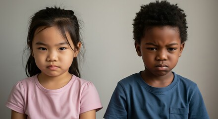 Portrait of a young girl and boy with unhappy expressions