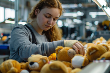 Production of new toys at the factory, woman create toys generative AI