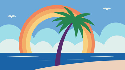 Fototapeta premium Joyful Palm Trees on Sea Beach With Rainbow After Brief Rain