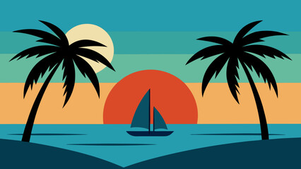 Obraz premium Peaceful Palm Trees on Sea Beach With Sailboat on Distant Horizon