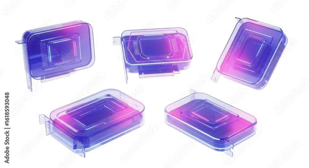 Poster futuristic rendered graphic cards arranged showcasing abstract technology floating on a white surfac