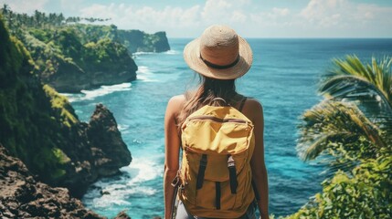 A woman in a straw hat and backpack stands on a cliff overlooking the ocean, with lush greenery and rocky cliffs in the background.