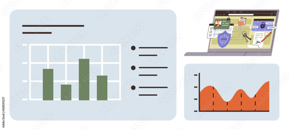Poster bar graph, line chart, and digital interface displaying cybersecurity concepts on a laptop. ideal fo