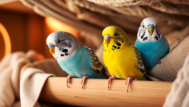 Three parakeets in vibrant plumage sitting on a branch or roost, calm and nestled together