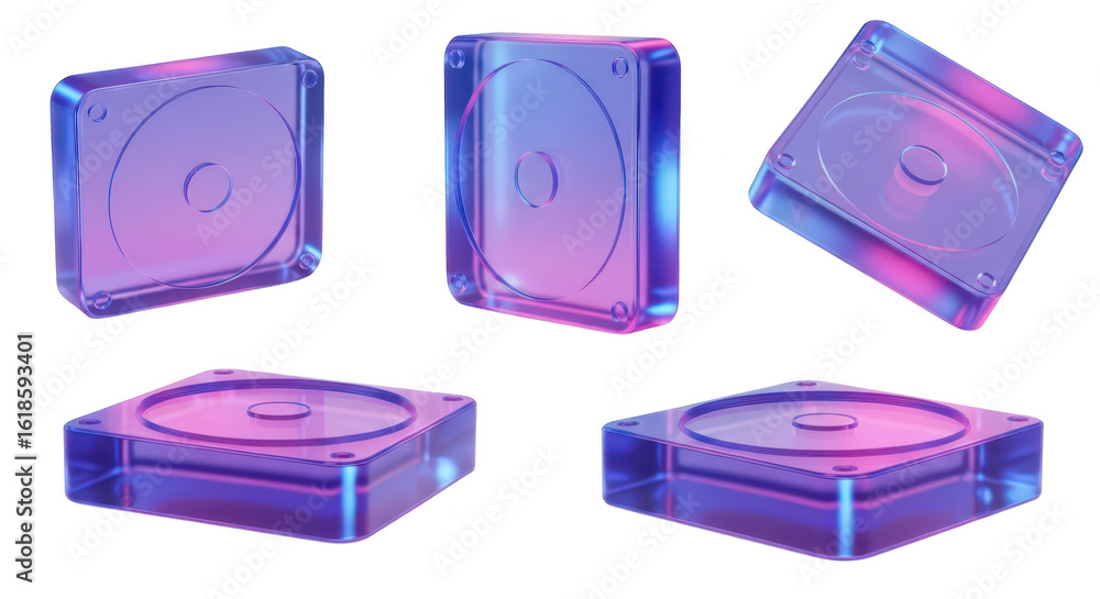 Poster clear neon-lit data storage devices hover mid-air showcasing technology against a bright white backg
