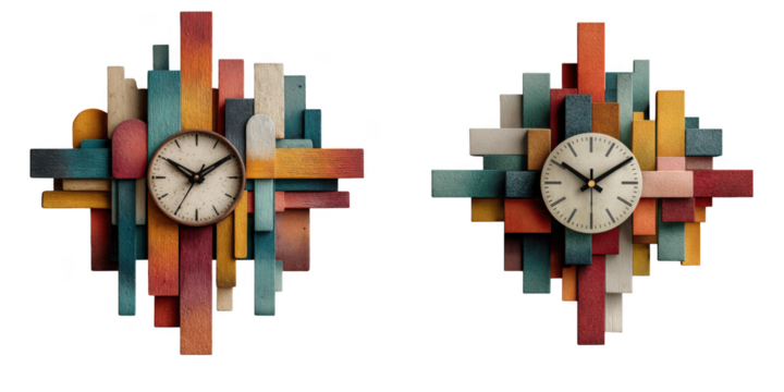 Two unique artistic wall clocks with colorful wooden slats and oval faces isolated on transparent background