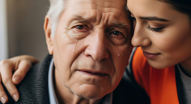 Compassionate Young Woman Comforts Senior Man Overwhelmed with Emotion 