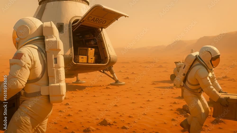 Poster astronauts in white spacesuits unloading cargo boxes from spacecraft on rocky orange martian landsca
