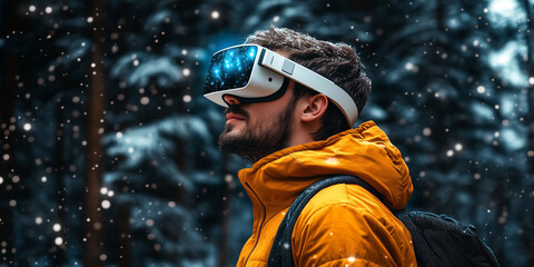 Exploring climate tech investment trends in virtual reality snowy forest digital art immersive environment close-up view