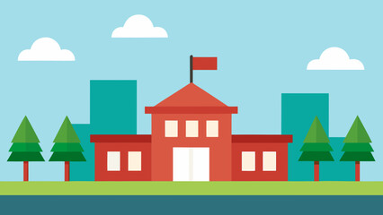 Clean Simple School Campus Skyline With Flagpole Trees and Fields