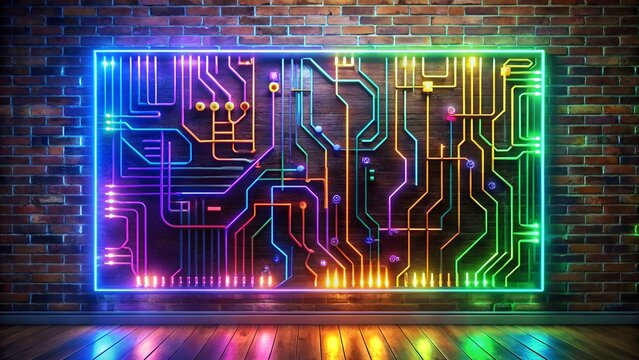 Colorful neon circuit board on brick wall