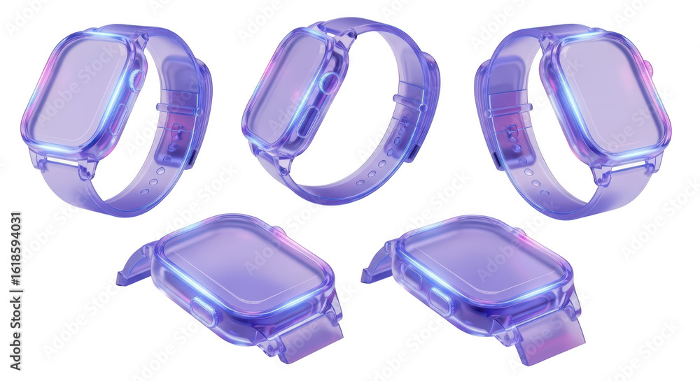 Poster array of glowing purple smartwatches in various angles against a bright white backdrop showcasing fu