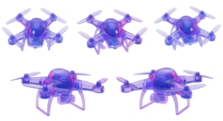Purple transparent drones in various flight poses against a white backdrop for technology or futuristic conceptualization