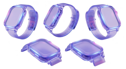 Array of glowing purple smartwatches in various angles against a bright white backdrop showcasing futuristic design for tech advertising