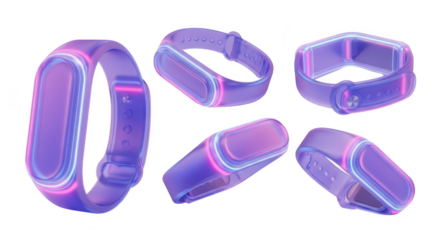 Futuristic wearable fitness trackers in various angles showcasing glowing neon lights against a clean white background for promotional use