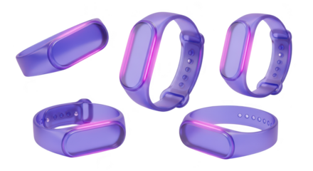 Purple fitness trackers arrayed on a white surface various angles showcasing design elements for marketing and product displays