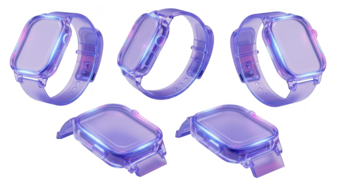 Array of glowing purple smartwatches in various angles against a bright white backdrop showcasing futuristic design for tech advertising