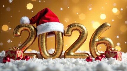 2026 sign, Happy New Year holiday card, 3d numbers on gold background with snow and Christmas cap for calendar