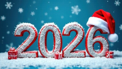 2026 sign, Happy New Year holiday card, 3d numbers on blue background with snow, gifts and Christmas cap for calendar
