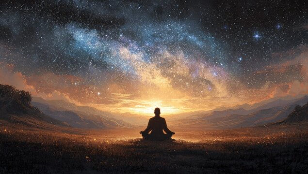 Silhouette of a person meditating in a meadow under a starry night sky