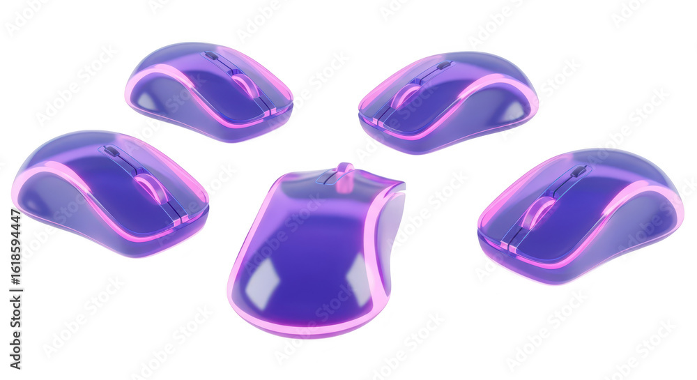 Aufkleber five futuristic computer mice arranged on white background illuminated with glowing pink lines sugge