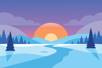  a serene winter landscape featuring snowcovered mountains, trees, and a winding river at sunset vector illustration