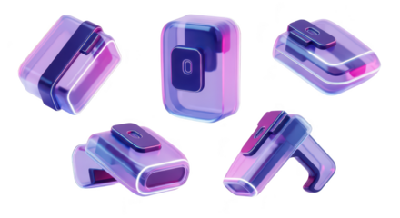 Futuristic transparent digital devices rotating in various angles showcasing technology isolated on a white background The scene suggests design or presentation