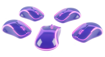 Five futuristic computer mice arranged on white background illuminated with glowing pink lines suggesting technology or design This could be used for tech promotions