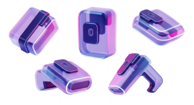 Futuristic transparent digital devices rotating in various angles showcasing technology isolated on a white background The scene suggests design or presentation