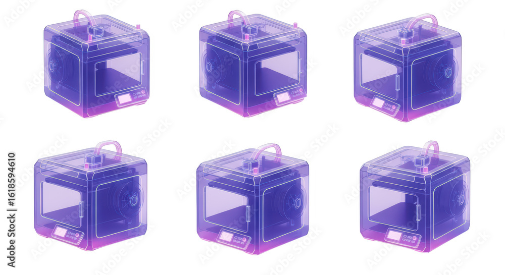 Poster multiple 3d printers in various angles on a white background illustrating digital fabrication potent