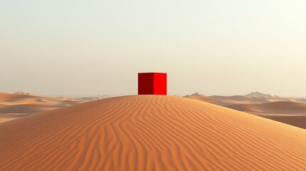 A red cube sits atop a sand dune in a vast desert landscape under a pale sky with distant dunes visible