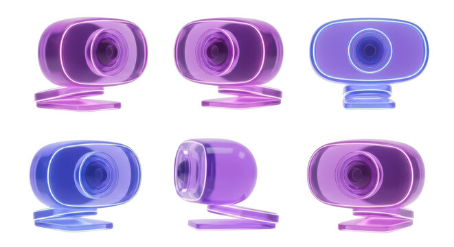 Colorful webcams in various poses on white perfect for illustrating online communication video conferencing or virtual meetings