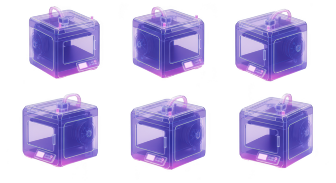 Multiple 3D printers in various angles on a white background illustrating digital fabrication potential