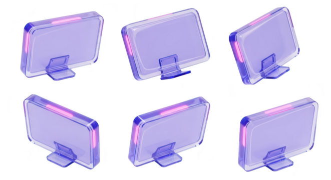 Six futuristic glass mobile phone mockups isolated on white showcasing design ready for app display or UI/UX presentation - Powered by Adobe