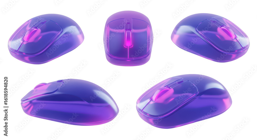 Aufkleber neon purple computer mouse showcased in different angles showcasing the technology on white for tech