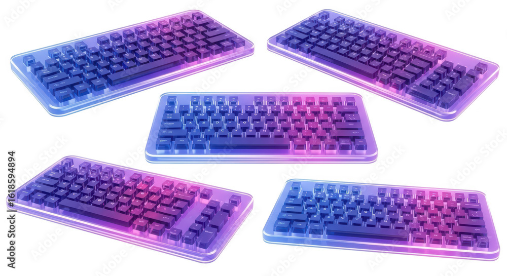 Poster neon-lit keyboards arranged in a circular pattern on a clean white background representing technolog