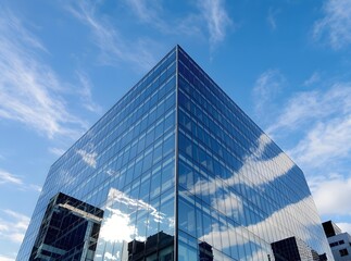 Modern Glass Skyscraper Against a Blue Sky with Cloud Reflections