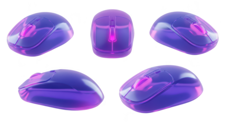 Neon purple computer mouse showcased in different angles showcasing the technology on white for tech-related design use